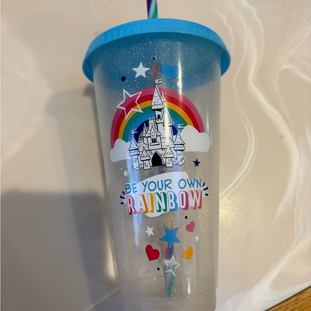 Disney Pride Be Your Own Rainbow Blue Lid Sparkle plastic Tumbler